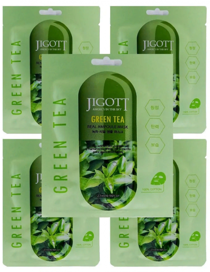 Jigott Маска ампульная с зеленым чаем - Green tea real ampoule mask, (5шт*27мл) фото 1